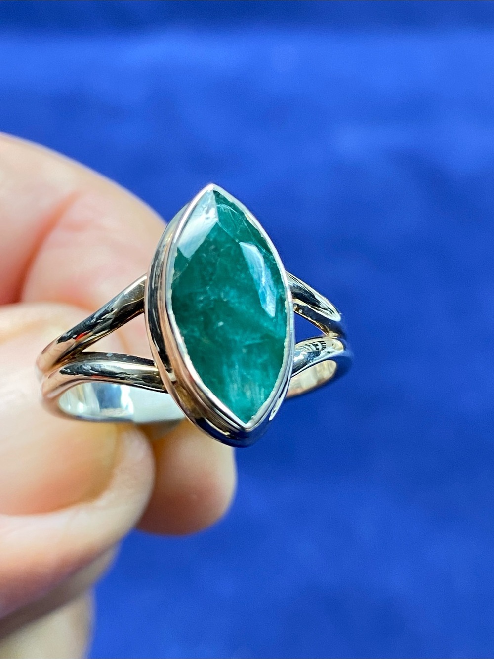 Sterling Silver Emerald Marquise Ring - Green Gemstone size 8